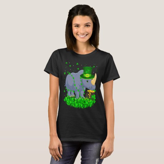 Irish Shamrock Leprechaun Rhino St Patrick's Day T-shirt (Voorkant volledig)