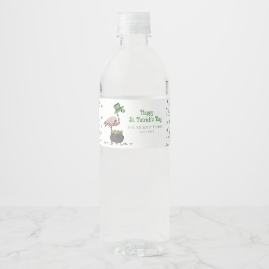Irish Shamrock Pink Flamingo St Patricks Day Waterfles Etiket (Voorkant)