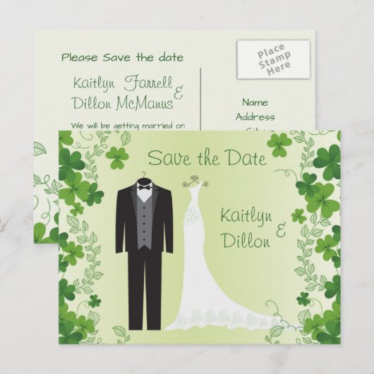 Irish Shamrock, smoking, trouwjurk Save the Date Aankondigingskaart (Voorkant / Achterkant)