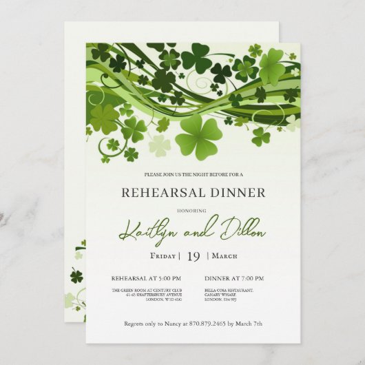 Irish Shamrock Swirls Rehearsal Dinner Invitation Kaart (Voorkant / Achterkant)