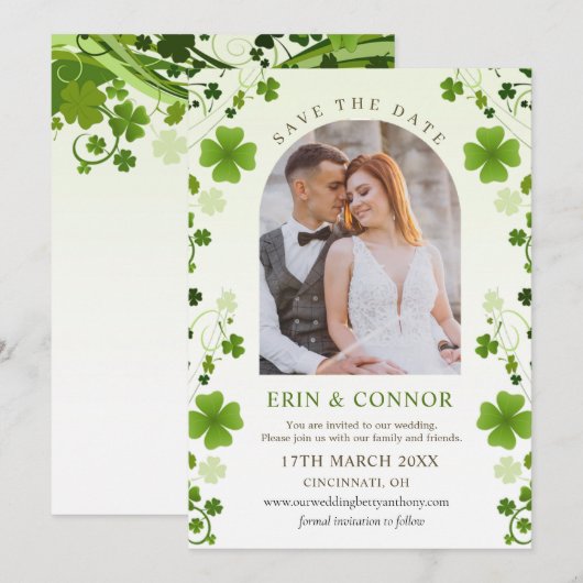 Irish Shamrock Swirls Wedding Save the Date Invite (Voorkant / Achterkant)