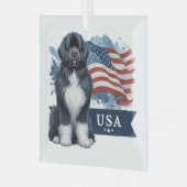 Irish Spot Newfie Patriotic Square  Glas Ornament (Voorkant links)