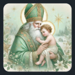 Irish St. Patrick baby Jesus Floral Christmas Vierkante Sticker<br><div class="desc">Dit prachtig vervaardigde pastelkleurige Kerst sticker toont St. Patrick met de Baby Jesus, omringd door delicate sneeuwvlokken met witte en groene bloemen. Gekleed in traditionele groene bisschoppelijke gewaden met gouden details, wiegt St. Patrick de Heilige Baby in een serene winterscène, die de liefde en vreugde van het kerstseizoen symboliseert. Deze...</div>