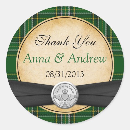 Irish Tartan Celtic Claddagh Lucky in Love Wedding Ronde Sticker (Voorkant)