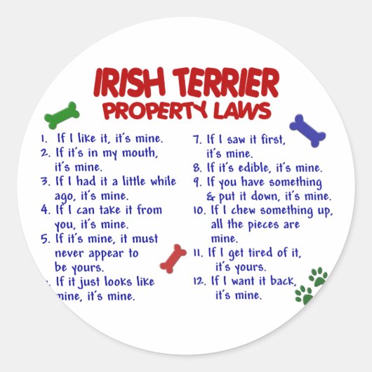 IRISH TERRIER Property Laws 2 Ronde Sticker (Voorkant)