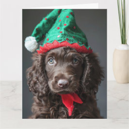 Irish Water Spaniel Elf Puppy Kerst Kaart