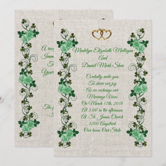Irish Wedding-uitnodiging shamrocks en groene roze Kaart (Voorkant / Achterkant)