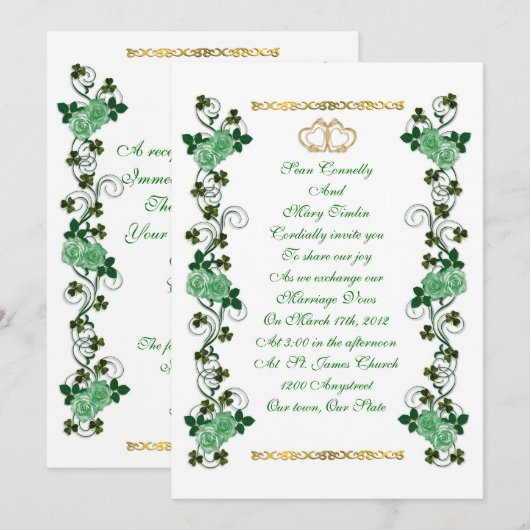 Irish Wedding-uitnodiging shamrocks en groene roze Kaart (Voorkant / Achterkant)