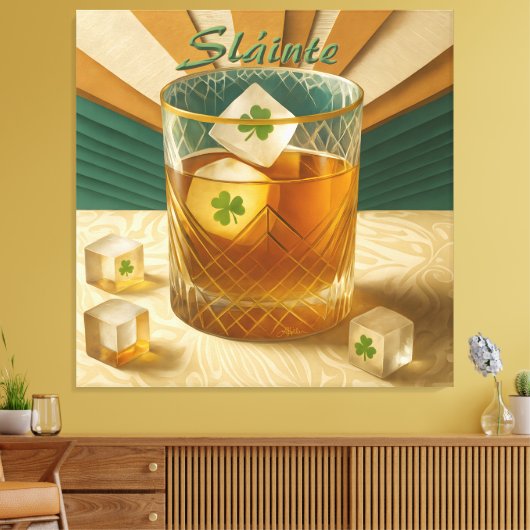 Irish Whiskey Tumbler Shamrock Ice "Sláinte!" Canvas Afdruk (Insitu (Woonkamer))
