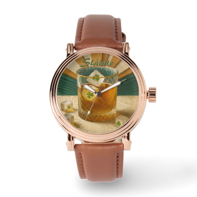 Irish Whiskey Tumbler Shamrock Ice "Sláinte!" Horloge (Voorkant)