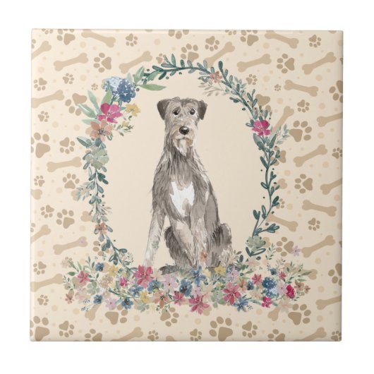 Irish Wolf Hound Dog Paw Print Floral Cute beige Tegeltje (Voorkant)