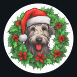 Irish Wolfhound Christmas Wreath Ronde Sticker<br><div class="desc">Voeg een feestelijk tintje toe aan uw vakantie correspondentie met onze feestelijke Ierse wolfshond Kerstkrans stickers! Deze charmante stickers zijn voorzien van een levendige afbeelding van een groene kerstkrans, met het schattige lachende gezicht van een Ierse wolfshond met een vrolijke rode kerstmuts in het midden. Ideaal voor hondenliefhebbers en vakantieliefhebbers,...</div>