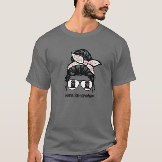 Irish Wolfhound Dog Mam Messy Bun Hair Glasses Wol T-shirt (Voorkant)