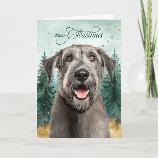 Irish Wolfhound Dog Winter Pine Forest Christmas Feestdagen Kaart (Voorkant)