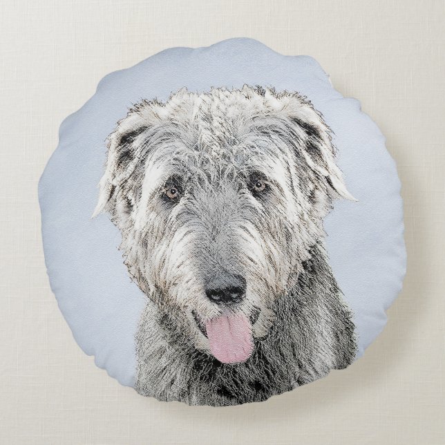 Irish Wolfhound-schilderij - Cute Original Dog Art Rond Kussen (Achterkant)