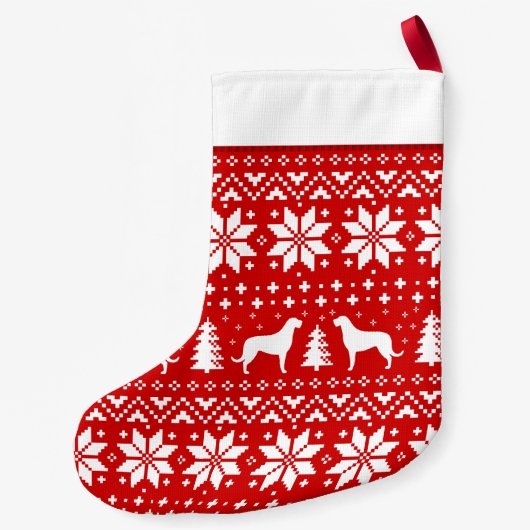 Irish Wolfhound Silhouettes Pattern Red en White Kleine Kerstsok (Achterkant)