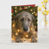 Irish Wolfhound Tangled In Holiday Lights Kaart (Gele Bloem)