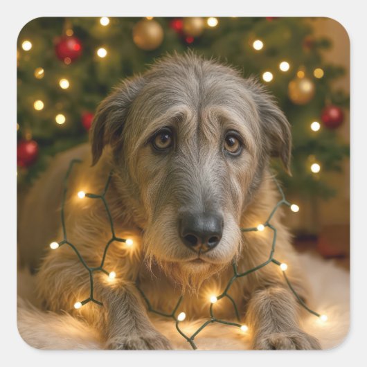 Irish Wolfhound Tangled In Holiday Lights Vierkante Sticker (Voorkant)