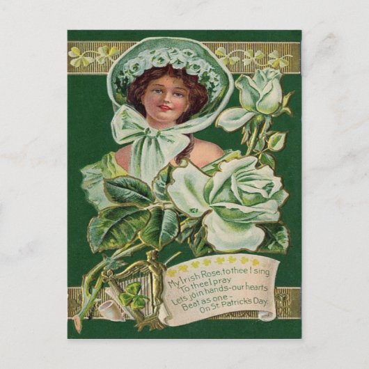 Irish Woman Roos Shamrock Clay Pipe Harp Briefkaart (Voorkant)