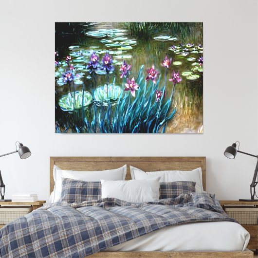 Irissen en waterlelies in de tuin van Giverny Canvas Afdruk (Insitu (Slaapkamer))