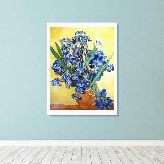 Iristen op gele achtergrond. Vincent van Gogh Canvas Afdruk (Insitu (Houten vloer))