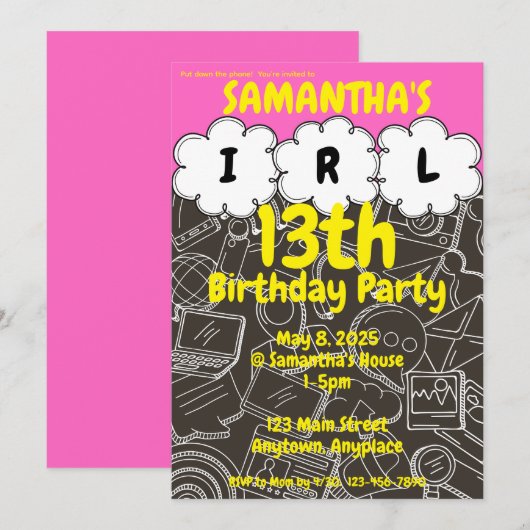 IRL Teen Girl Verjaardagsfeestje Uitnodiging (Voorkant / Achterkant)