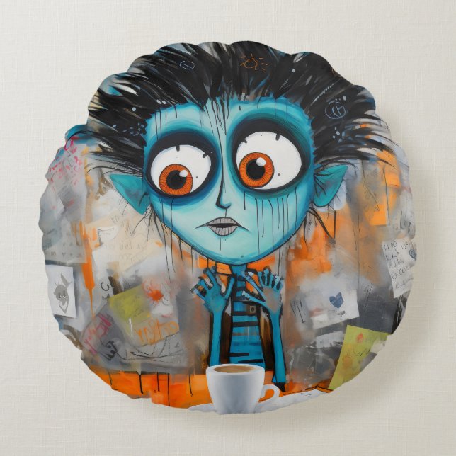 Irodovix Inkwell Maandag ochtend grillen Rond Kussen (Voorkant)