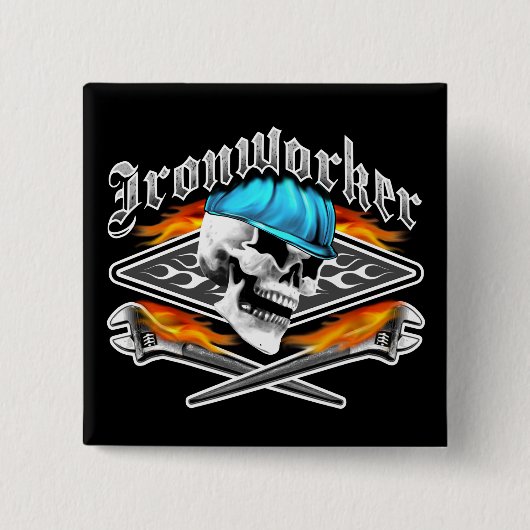Ironwerker Skull en Flaming Wrenches Vierkante Button 5,1 Cm (Voorkant)