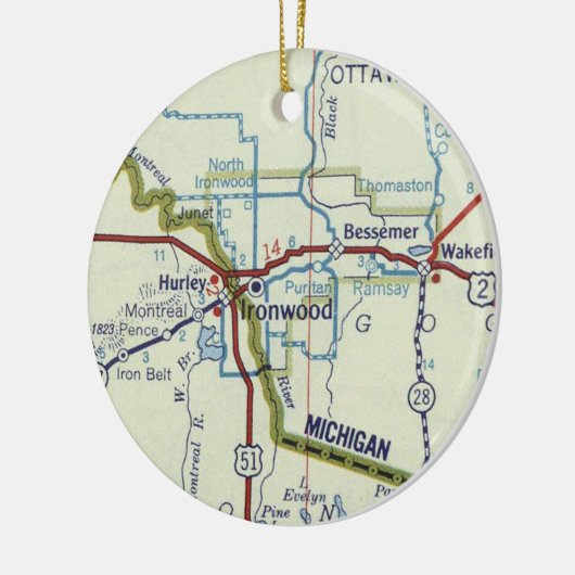 Ironwood MI  Map Keramisch Ornament (Links)