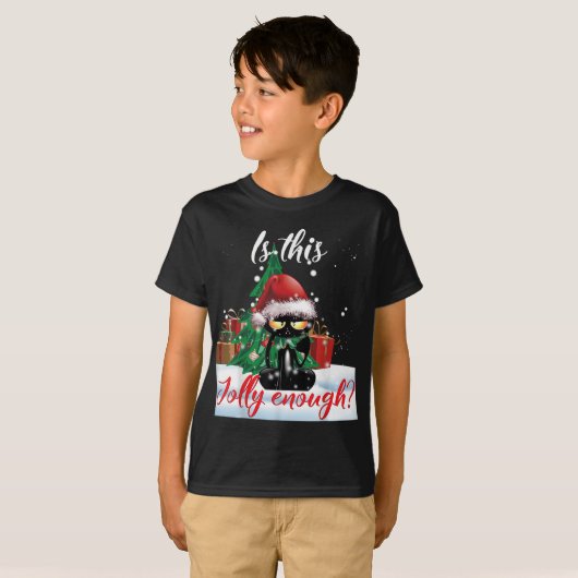 Is dit jolly genoeg chagrijnige zwarte kat kerst l t-shirt (Voorkant volledig)