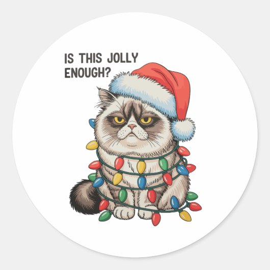 Is dit vrolijk genoeg Grumpy Cat kerstverlichting Ronde Sticker (Voorkant)