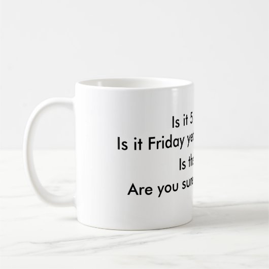 Is het al vijf uur?  Is het al vrijdag? Koffiemok (Links)