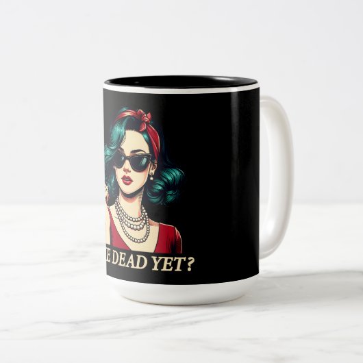 Is hij dood en toch grappig Gezegde Dark Humor Tweekleurige Koffiemok (Voorkant rechts)