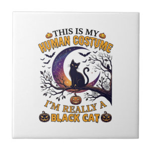Is Menselijk Kostuum Zwarte Kat Halloween Maan_1 Tegeltje