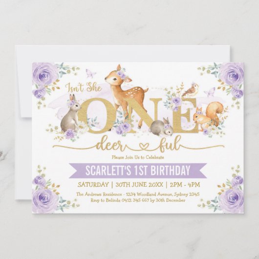 Is ze niet één-hert-rijk Lila Woodland 1st Birthda Kaart (Voorkant)