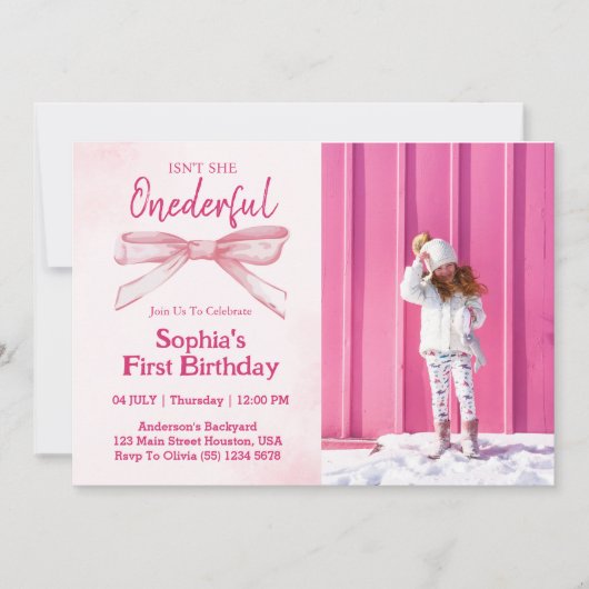 Is ze niet een prachtig roze boog meisje 1e verjaa kaart (Voorkant)