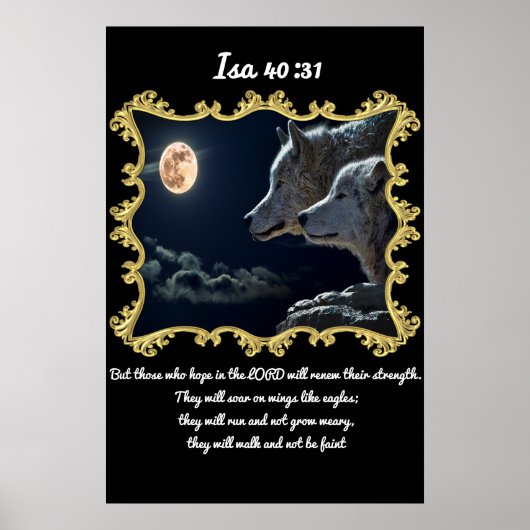 Isa 40:31 Wolven kijken naar de volle maan. Poster (Voorkant)