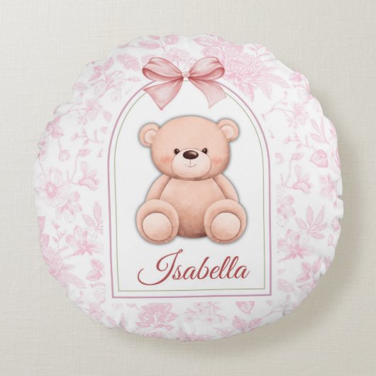 Isabella | Aangepaste Roze Teddybeer Nursery Desig Rond Kussen (Voorkant)