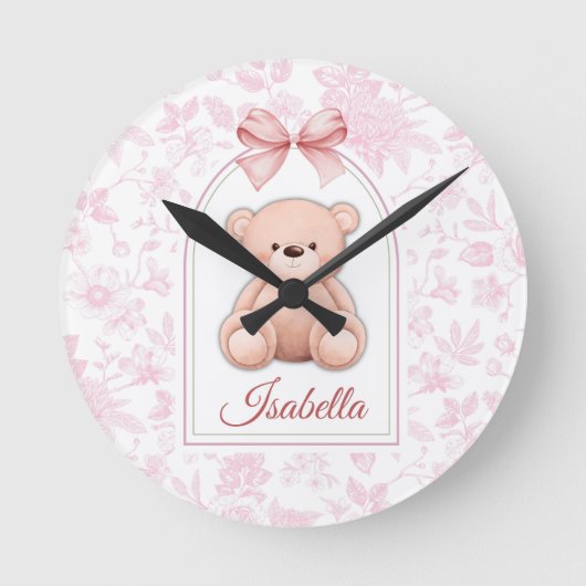 Isabella | Aangepaste Roze Teddybeer Nursery Desig Ronde Klok (Voorkant)