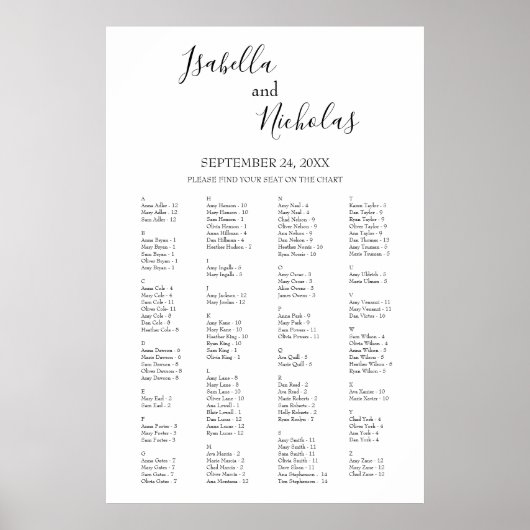 Isabella Elegant Alfabetical Seat Chart Poster (Voorkant)