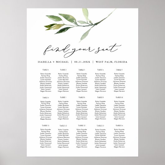 ISABELLA Elegant Boho Greenery Table Seating Chart Poster (Voorkant)