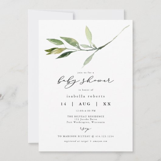 ISABELLA Elegant Minimalist Greenery Baby shower Kaart (Voorkant)