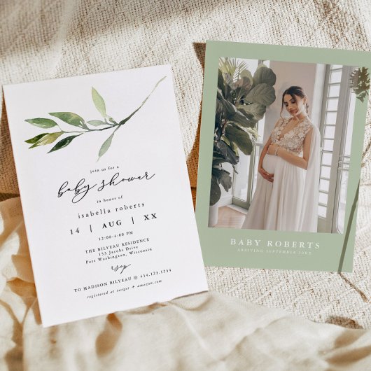 ISABELLA Elegant Minimalist Greenery Baby shower Kaart