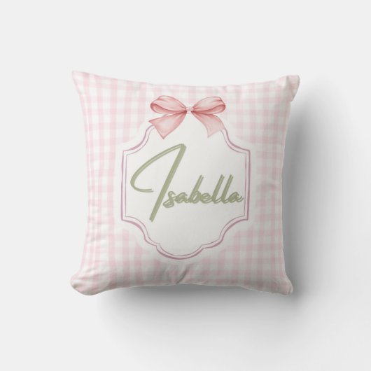 Isabella gepersonaliseerde roze strik & gingham pr kussen (Voorkant)