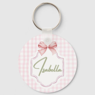 Isabella gepersonaliseerde roze strik & gingham pr sleutelhanger