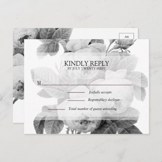 Isabella Monochrome Rozen RSVP Briefkaart (Voorkant / Achterkant)