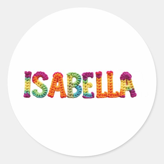 Isabella Naam in Levendig Haakpatroon Ronde Sticker (Voorkant)