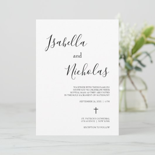 Isabella Simple Modern Script katholieke bruiloft Kaart (Staand voorkant)