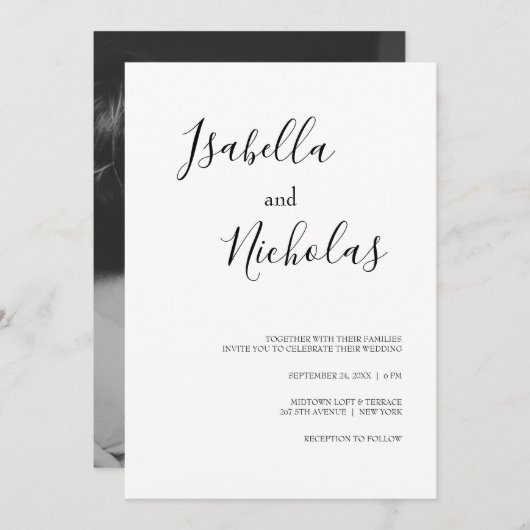 Isabella Simple Modern White Black Photo Wedding Kaart (Voorkant / Achterkant)