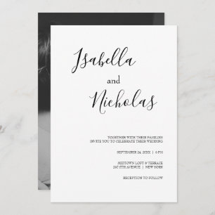 Isabella Simple Modern White Black Photo Wedding Kaart